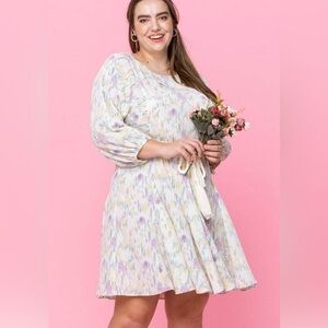 NWOT ODDY  1XL Yellow/Purple/Sage Dress w/Braided Tie Belt Anthropologie